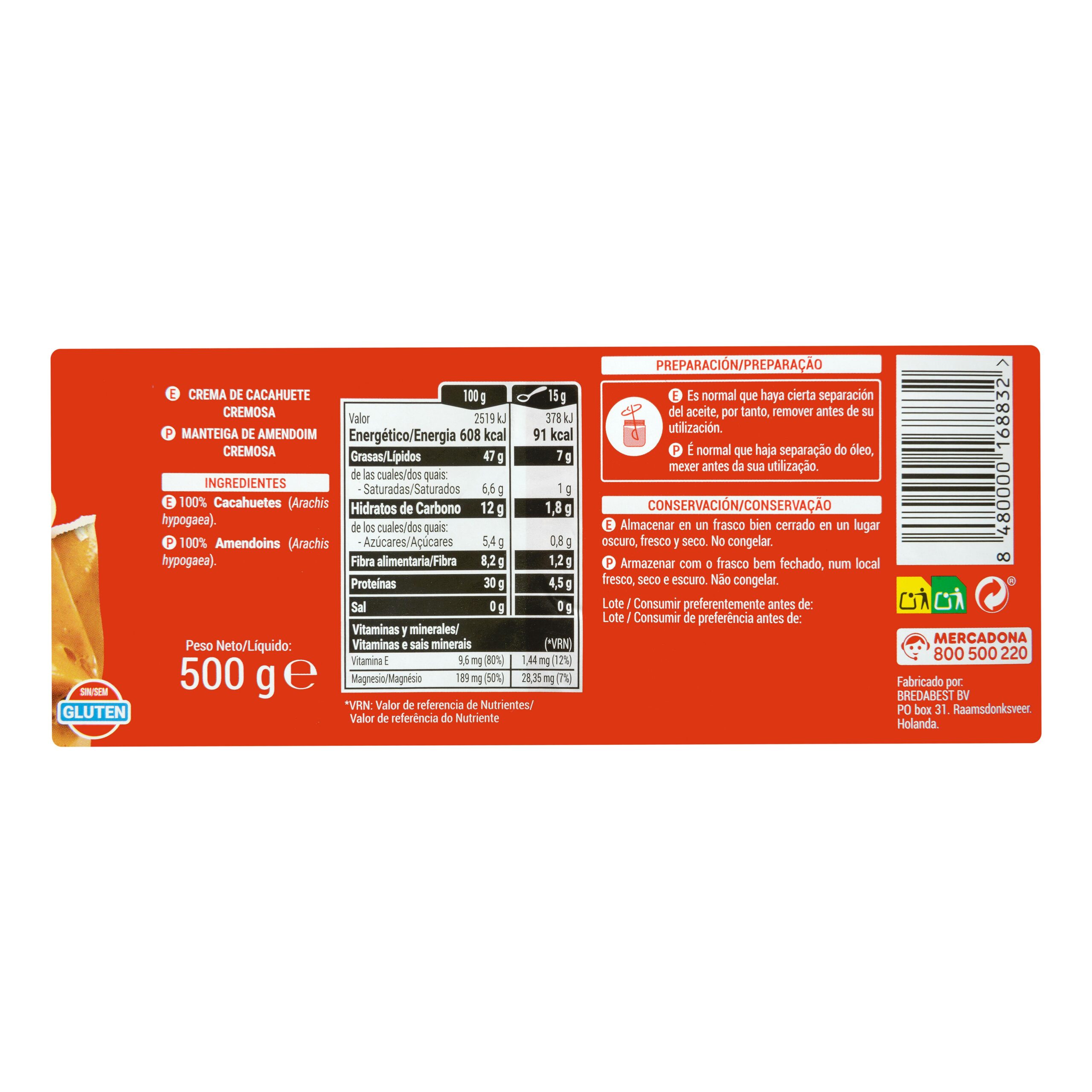 Etiqueta Crema de cacahuete 100% Hacendado